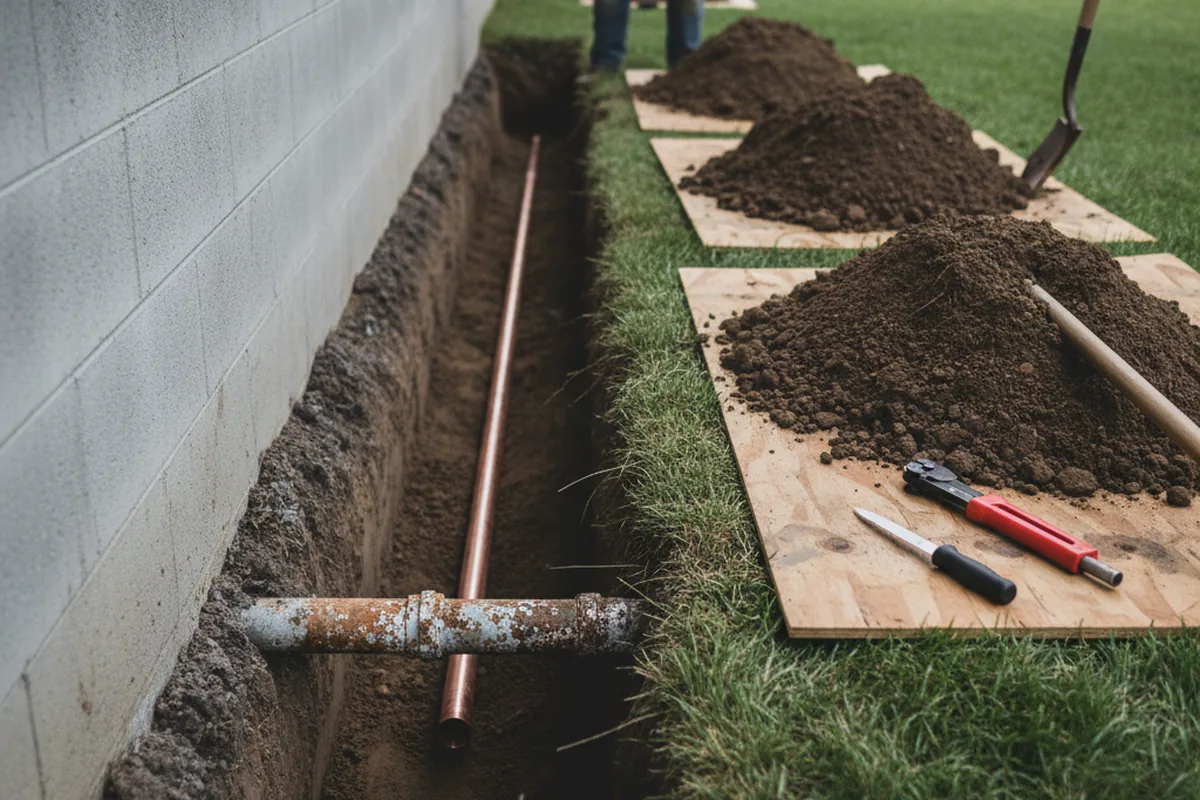 Excavated water line trench during Water Softener Installation in Codorus
